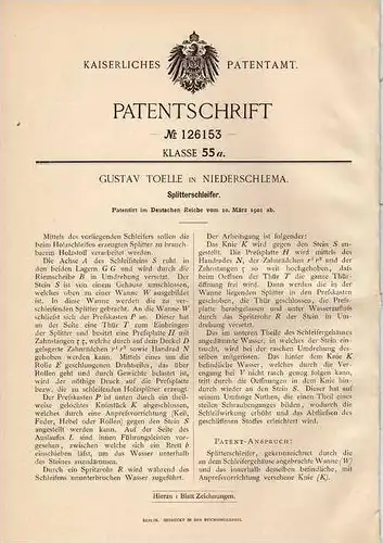 Original Patentschrift - G. Toelle in Niederschlema / Schlema , 1901 , Splitterschleifer , Tischlerei , Tischler !!!