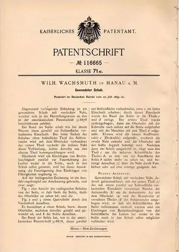 Original Patentschrift - W. Wachsmuth in Hanau a.M. , 1899 , gewendeter Schuh , Schuhmacher , Schuster , Schuhe !!!