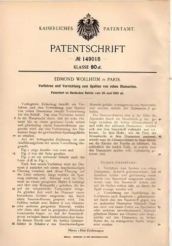 Original Patentschrift - E. Wollheim in Paris , 1903 , Spalten von rohen Diamanten , Diamant , Edelstein , Brilliant !!!