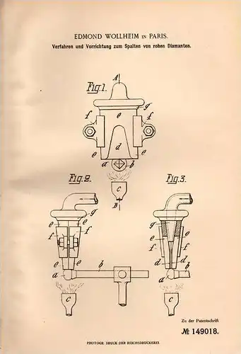 Original Patentschrift - E. Wollheim in Paris , 1903 , Spalten von rohen Diamanten , Diamant , Edelstein , Brilliant !!!
