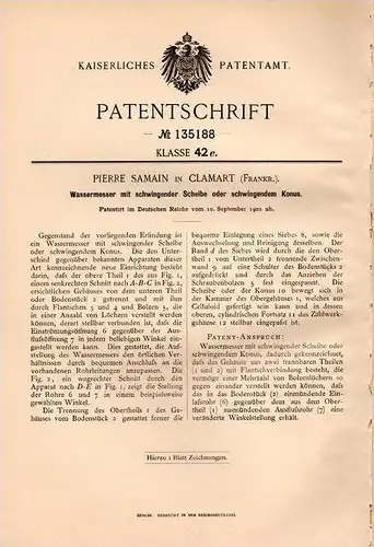 Original Patentschrift - P. Samain in Clamart , 1901 , Wassermesser  !!!
