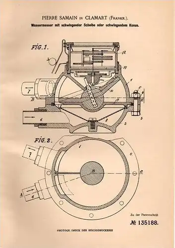 Original Patentschrift - P. Samain in Clamart , 1901 , Wassermesser  !!!