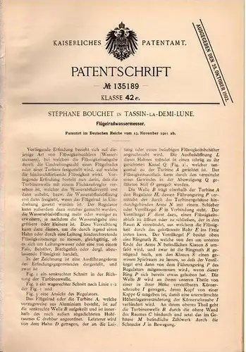 Original Patentschrift - S. Bouchet in Tassin la Demi Lune , 1901 , Flügelrad - Wassermesser !!!