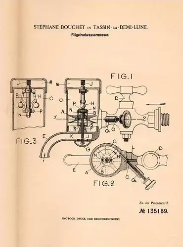 Original Patentschrift - S. Bouchet in Tassin la Demi Lune , 1901 , Flügelrad - Wassermesser !!!