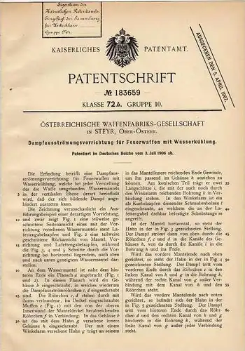 Original Patentschrift - Österr. Waffenfabrik in Steyr , 1906 , Wasserkühlung für Feuerwaffen , Waffe , Gewehr !!!