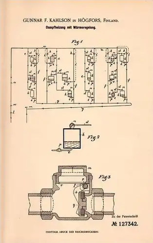Original Patentschrift - G. Kahlson in Högfors , Finnland , 1900 , Dampfheizung , Heizung !!!