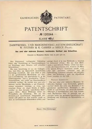 Original Patentschrift - Dampfkesselbau AG in Sielce , Polen , 1900 , Brenner zum Schweißen !!!