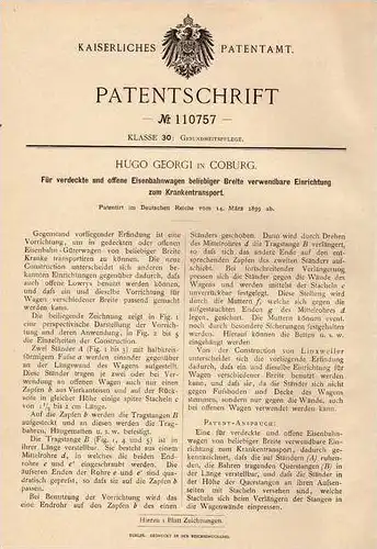 Original Patentschrift - H. Georgi in Coburg , 1899 , Krankentransport - Einrichtung für Eisenbahn !!!