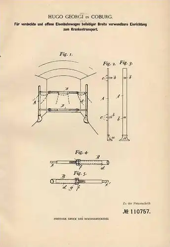 Original Patentschrift - H. Georgi in Coburg , 1899 , Krankentransport - Einrichtung für Eisenbahn !!!