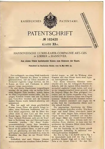 Original Patentschrift - Gummi-Kamm Comp. in Limmer b. Hannover , 1904 , Kamm für Haare !!!