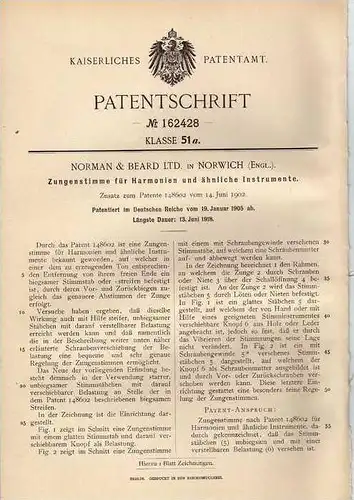 Original Patentschrift - Norman & Bear Ltd. in Norwich , 1905 , Zungenstimmen für Harmonium !!!