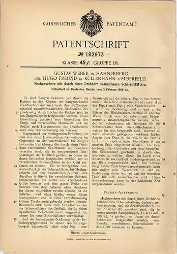 Original Patentschrift - G. Weber in Hahnerberg und Küllenhahn b. Elberfeld , 1906 , Heckenschere , Wuppertal