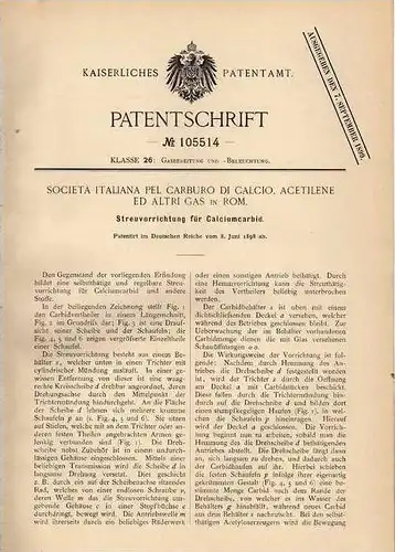 Original Patentschrift - Societa Italiana pel Carburo in Rom , 1898 , Streuapparat für Calciumcarbid !!!