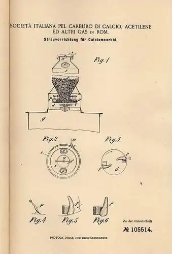 Original Patentschrift - Societa Italiana pel Carburo in Rom , 1898 , Streuapparat für Calciumcarbid !!!