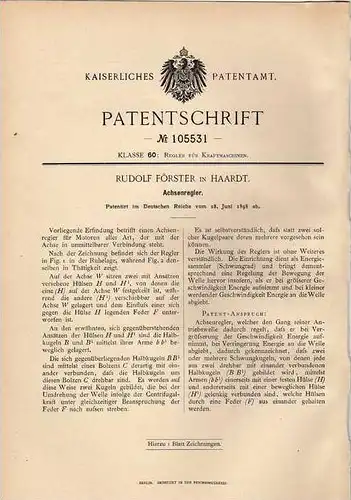 Original Patentschrift - R. Förster in Haardt , 1898  , Achsenregler für Motoren !!!