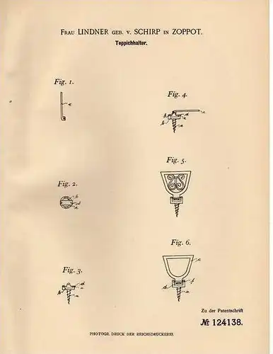Original Patentschrift - F. von Schirp in Zoppot / Sopot , 1900 , Halter für Teppich !!!