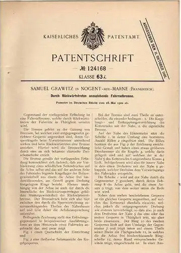 Original Patentschrift - S. Grawitz à Nogent sur Marne , 1900 ,pour vélo , bicycle !!!