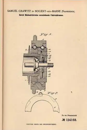 Original Patentschrift - S. Grawitz à Nogent sur Marne , 1900 ,pour vélo , bicycle !!!