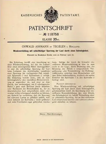Original Patentschrift - O. Assmann in Tegelen , 1900 , Winde mit Sperrung !!!