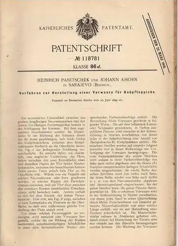 Original Patentschrift - H. Ahorn in Sarajevo , Bosnien , 1899 , Herstellung von Teppichen , Teppich , Perser !!!