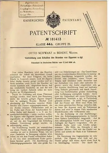 Original Patentschrift - O. Schwarz in Berent , 1906 , Apparat für Zigarren , Cigarre , Ko&#347;cierzyna !!!