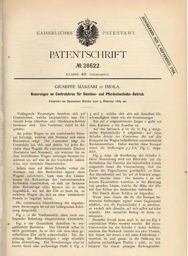 Original Patentschrift - G. Marzari in Imola , 1884 , Controlluhr für Pferde - oder Omnibus - Eisenbahn !!!