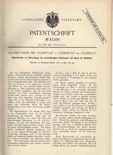 Original Patentschrift - Salzbergwerk in Löderburg b. Stassfurt , 1889 , Retortenofen für Substanzen , Salz , Bergwerk !