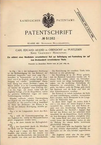Original Patentschrift - C. Arand in Oberdorf b. Pustleben , 1889 , Befestigung für Drehbank , Dreherei , Wipperdorf !!!