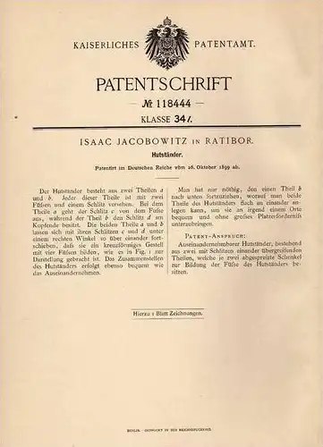 Original Patentschrift - I. Jacobowitz in Ratibor / Racibórz , 1899 , Hutständer , Hut , Hüte !!!