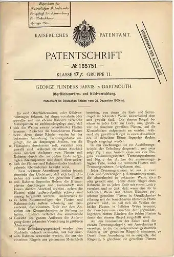 Original Patentschrift - G. Jarvis in Dartmouth , 1905 , Apparat zum Kühlen und Heizen !!!