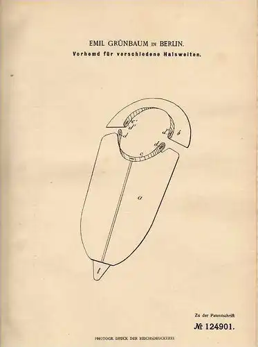 Original Patentschrift - Vorhemd für verschiedene Halsweiten , 1900 , E. Grünbaum in Berlin !!!