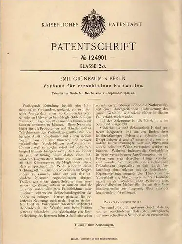 Original Patentschrift - Vorhemd für verschiedene Halsweiten , 1900 , E. Grünbaum in Berlin !!!
