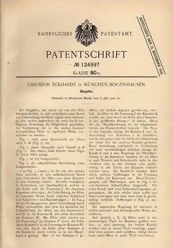 Original Patentschrift - T. Eckhardt in München - Bogenhausen , 1900 , Ringofen , Ofen !!!