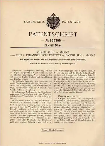 Original Patentschrift - C. Sühl in Marne und Dickhusen , 1900 , Verschluß für Gefäße , Flaschen !!!