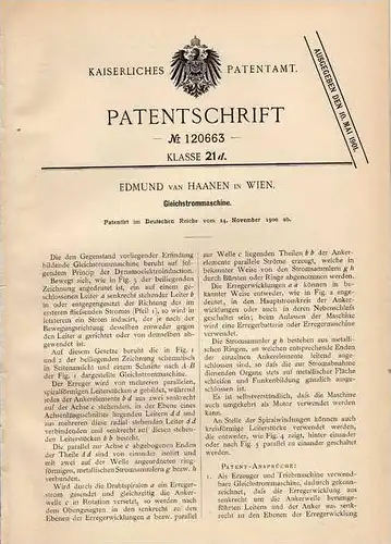 Original Patentschrift - Edmund van Haanen in Wien , 1900 , Gleichstrommaschine !!!