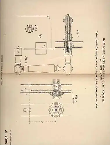 Original Patentschrift - H. Rolle in Eberswalde und Lendringsen , 1898 , Türdrücker , Tür , Menden i.W. !!