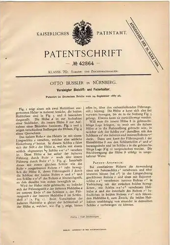 Original Patentschrift - O. Bussler in Nürnberg , 1887 , Bleistift - und Federhalter , Feder , Faber , Pelikan !!!