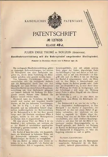Original Patentschrift - J. Thomé in Nouzon , Ardennes , 1901 , Bohrer , Bohrmaschine , Nouzonville !!!