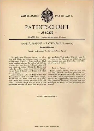Original Patentschrift - H. Fuhrmann in Patschkau / Paczków i. Schl., 1894 , Teppich - Klammer !!!