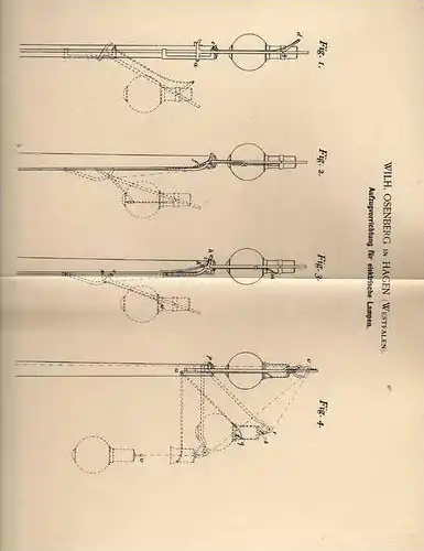 Original Patentschrift - W. Osenberg in Hagen , 1894 , Aufzug für elektr. Lampen , Straßenlampe !!!