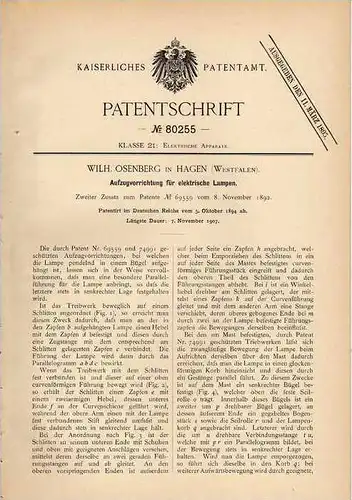 Original Patentschrift - W. Osenberg in Hagen , 1894 , Aufzug für elektr. Lampen , Straßenlampe !!!