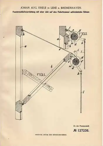 Original Patentschrift - J. Eisele in Lehe b. Bremerhaven , 1901 , Fenster - Schließvorrichtung  !!!