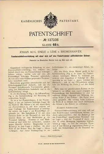 Original Patentschrift - J. Eisele in Lehe b. Bremerhaven , 1901 , Fenster - Schließvorrichtung  !!!
