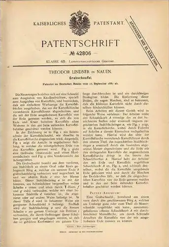 Original Patentschrift - T. Lindner in Nauen , 1887 , Schaufel für Grab , Bestatter , Beerdigung , Beisetzung !!!