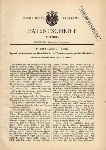 Original Patentschrift - W. Witajewski in Posen , 1887 , Apparat zum Aufzeichnen von Musik vom Klavier , Orgel !!!