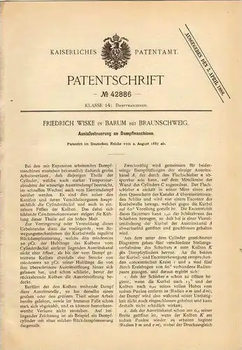Original Patentschrift - F. Wiske in Barum b. Braunschweig , 1887 , Steuerung für Dampfmaschine !!!