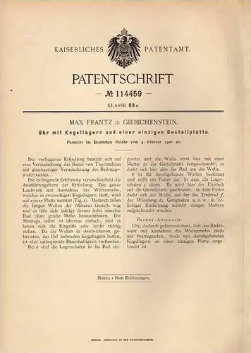 Original Patentschrift - M. Frantz in Giebichenstein b. Halle a.S. , 1900 , Uhr mit Kugellager , Uhrmacher !!!