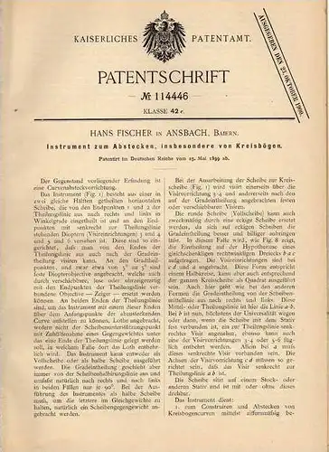 Original Patentschrift - H. Fischer in Ansbach , 1899 , Instrument zur Vermessung , Abstecken von Kreisbögen !!!