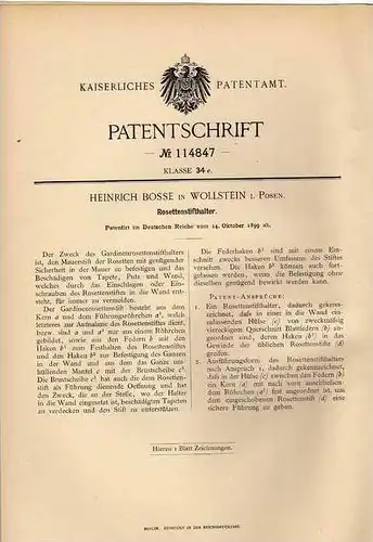 Original Patentschrift - H. Bosse in Wollstein i. Posen , 1899 , Rosettenstifthalter , Bau , Maurer , Wolsztyn !!!