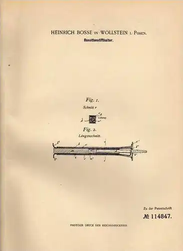 Original Patentschrift - H. Bosse in Wollstein i. Posen , 1899 , Rosettenstifthalter , Bau , Maurer , Wolsztyn !!!